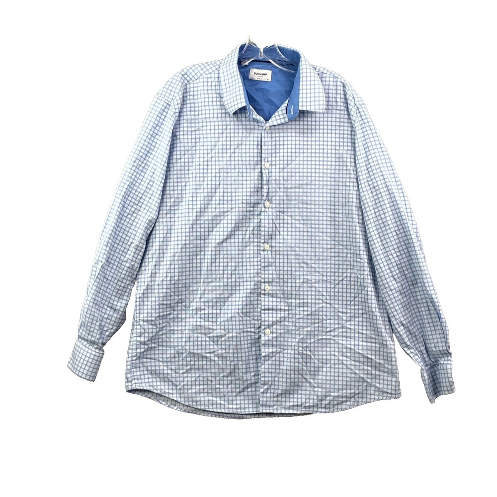 Duchamp London Dress Shirt Men 18 2XL Grid Check Slim Fit Office Career Academia